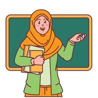 tekenfilm van een vrouw leraar in een hijab draag- een boek, en een schoolbord achter haar vector