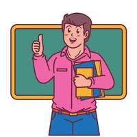 tekenfilm mannetje leraar draag- een boek, en een schoolbord achter hem vector
