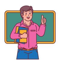tekenfilm mannetje leraar draag- een boek, en een schoolbord achter hem vector