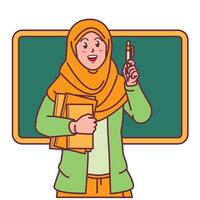 tekenfilm van een vrouw leraar in een hijab draag- een boek, en een schoolbord achter haar vector