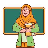 tekenfilm van een vrouw leraar in een hijab draag- een boek, en een schoolbord achter haar vector