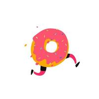 illustratie van een lopende donut. vector. zoet donutkarakter met benen. pictogram voor site op witte achtergrond. teken, logo voor de winkel. levering van verse bakkerij- en zoetwaren. vlakke stijl. vector