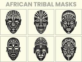 reeks van zwart silhouetten van Afrikaanse tribal maskers, een verzameling van Afrikaanse tribal maskers in divers composities. perfect voor ontwerpen themed in de omgeving van Afrika, cultuur, stammen, rituelen, en totems. vector