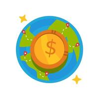 dollar munt Aan wereldbol met pinnen en sterren illustratie geschikt voor financieel, reis, globaal bedrijf, investering. geld concepten visueel vector