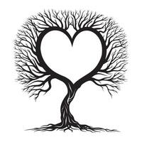boom van leven met verstrengeling takken vormen een hart vorm illustratie in zwart en wit vector