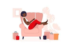 Afro-Amerikaanse vrouw die online op laptop winkelt. vectorillustratie. online winkel betaling. bank creditcards. digitale betaaltechnologie. e-betalen. vlakke stijl moderne vectorillustratie. vector