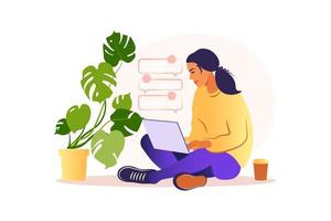 vrouw zitten met laptop. concept illustratie voor werken, studeren, onderwijs, thuiswerken, gezonde levensstijl. kan gebruiken voor achtergronden, infographics, heldenafbeeldingen. vlak. vectorillustratie. vector