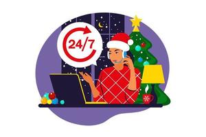 dienst 24 7-concept. meisje in een kerstmuts communiceert met klanten. callcenterondersteuning in kerst en nieuwjaar. vectorillustratie. vlak vector