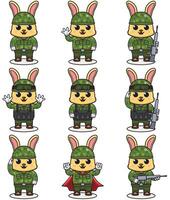 schattig konijn soldaat in camouflage uniform. tekenfilm grappig konijn soldaat karakter met helm en groen uniform in verschillend posities. grappig dier illustratie set. vector