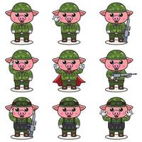 schattig varken soldaat in camouflage uniform. tekenfilm grappig varken soldaat karakter met helm en groen uniform in verschillend posities. grappig dier illustratie set. vector