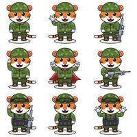 schattig tijger soldaat in camouflage uniform. tekenfilm grappig tijger soldaat karakter met helm en groen uniform in verschillend posities. grappig dier illustratie set. vector