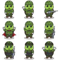 schattig schildpad soldaat in camouflage uniform. tekenfilm grappig schildpad soldaat karakter met helm en groen uniform in verschillend posities. grappig dier illustratie set. vector