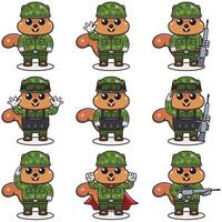 schattig eekhoorn soldaat in camouflage uniform. tekenfilm grappig eekhoorn soldaat karakter met helm en groen uniform in verschillend posities. grappig dier illustratie set. vector