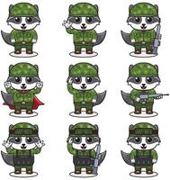 schattig wasbeer soldaat in camouflage uniform. tekenfilm grappig wasbeer soldaat karakter met helm en groen uniform in verschillend posities. grappig dier illustratie set. vector