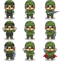 schattig luiaard soldaat in camouflage uniform. tekenfilm grappig luiaard soldaat karakter met helm en groen uniform in verschillend posities. grappig dier illustratie set. vector
