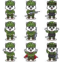 schattig wolf soldaat in camouflage uniform. tekenfilm grappig wolf soldaat karakter met helm en groen uniform in verschillend posities. grappig dier illustratie set. vector