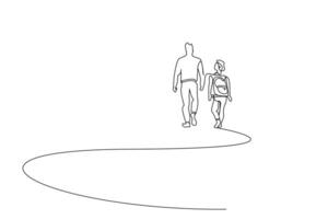 vader en zoon rugzak wandelen samen gaan naar school- terug achter achterzijde visie lijn kunst vector