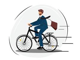 gelukkige jonge man fietsen. op weg naar kantoor. man die haastig op een fiets rijdt. vector