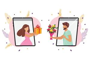 jong stel dat elkaar geschenken geeft. online dating, sociale afstand, pandemische problemen. Valentijnsdag en liefde concept illustratie. vector