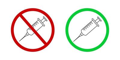 vaccinatie toegestaan en verboden symbolen. hou op verdovend of Nee verdovende middelen pictogrammen. injectiespuit in rood verboden en groen toegestaan tekens vector