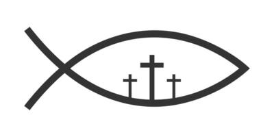 Jezus vis Bijbel symbool met drie kruisigingen geïsoleerd Aan wit achtergrond. ichthys icoon. geheim sjibboleth in christen religie vector