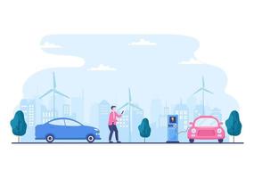 elektrische auto-accu's opladen met het concept van oplader en kabelstekkers die gebruik maken van groene omgeving, ecologie, duurzaamheid of schone lucht. vector illustratie