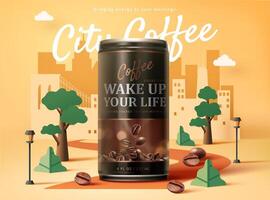 suiker vrij zwart koffie advertentie ontwerp in 3d illustratie over- een stedelijk stad papier kunst ontwerp achtergrond vector