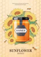 biologisch honing Product in 3d illustratie omringd door zonnebloemen over- gegraveerde honingraat achtergrond vector