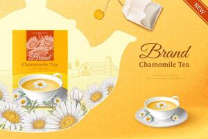 kamille thee advertentie in 3d illustratie met gegraveerde theepot over- geel achtergrond vector
