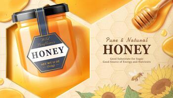 zonnebloem honing pot in een vloeistof in 3d illustratie met honing dipper, honingbij en zonnebloem ontwerp elementen Aan gegraveerde honingraat achtergrond vector