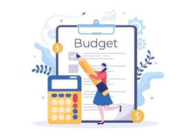 budget financieel analist voor het beheren of plannen van zakgeld op checklist op klembord, rekenmachine en kalender achtergrond vectorillustratie vector