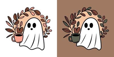 geest drinken koffie illustratie tekening vel geest Holding een mok herfst vallen seizoen esthetisch schattig vlak ontwerp besnoeiing het dossier voor sticker afdrukken vector