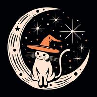 kat zittend Aan maan vervelend een heks hoed witchy kat illustratie zwart en oranje grillig en hekserij esthetisch schattig halloween afdrukbare besnoeiing het dossier vector