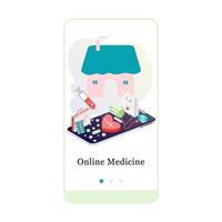 toepassingsontwerp voor online geneeskunde, medisch recept, apotheek, drogisterij, kliniek. ui onboarding schermontwerp. 3D isometrische sjabloonpagina voor mobiele apps aan boord. moderne platte vectorillustratie. vector