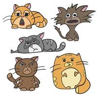 schattige kattenkarakters dikke, boze, slaperige, gekke, droevige emotie. set van vector