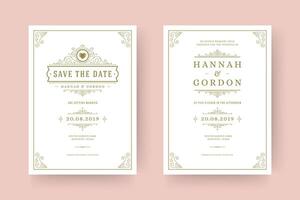 bruiloft uitnodiging en opslaan de datum kaarten bloeit ornamenten vignet wervelt. vector