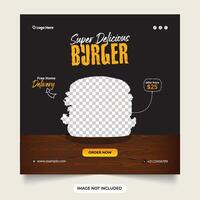 super heerlijk hamburger sociaal media sjabloon. hamburger uitverkoop korting met donker blauw achtergrond. banier met tomaat plak vallen. heerlijk hamburger snel voedsel restaurant menu sociaal media post web spandoek. vector