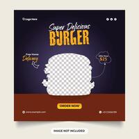 super heerlijk hamburger sociaal media sjabloon. hamburger uitverkoop korting met donker blauw achtergrond. banier met tomaat plak vallen. heerlijk hamburger snel voedsel restaurant menu sociaal media post web spandoek. vector