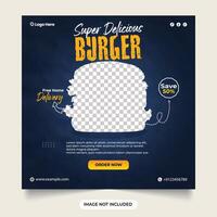 super heerlijk hamburger sociaal media sjabloon. hamburger uitverkoop korting met donker blauw achtergrond. banier met tomaat plak vallen. heerlijk hamburger snel voedsel restaurant menu sociaal media post web spandoek. vector