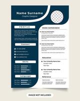 gemakkelijk minimalistische CV sjabloon met foto tijdelijke aanduidingen. baan ervaring secties modern kantoor baan toepassing CV en hervat sjabloon met blauw en donker kleuren. bedrijf intern CV sjabloon vector