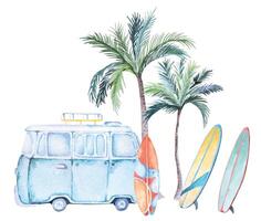 blauw bestelwagen, palm boom, kokosnoot boom en surfen boord.marine reizen activiteiten zijn perfect voor zomer. vector