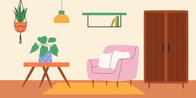 interieur van leven kamer met fauteuil en macrame fabriek. illustratie. vector