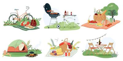 vlak reeks van picknick composities. hand- getrokken illustraties manden vol van verrukkelijk, bbq grill, meubilair, camping met tent voor kom tot rust buitenshuis. clip art met belemmert voor voedsel en deken vector