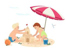 gelukkig kinderen spelen Aan kust zand strand onder een paraplu illustratie tekenfilm kinderen gebouw zand kasteel samen. zomer werkzaamheid en kinderjaren concept jongen en meisje genieten van kust rust uit vector