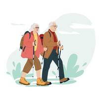 gelukkig actief senior paar op reis samen met rugzakken en trekking stokjes Aan vakantie. hiking. gekleurde vlak illustratie van reiziger geïsoleerd Aan wit achtergrond. vector