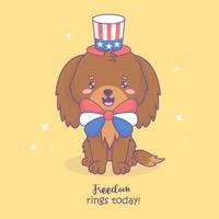 patriottisch hond vervelend partij hoed en boog in kleuren van Amerikaans vlag. grappig vakantie tekenfilm kawaii karakter. Amerikaans onafhankelijkheid dag. vector