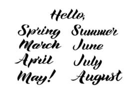 vectorillustratie. set van lente, sammer, maart, april, mei, juni, juli, augustus belettering. vector