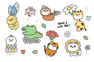 reeks van schattig dieren met bloem in divers poses.zomer.lente.kip,kip,krokodil,luiaard,tijger,giraffe,panda beer hand- getekend.cartoon karakter.bloemen.kawaii.illustratie. vector