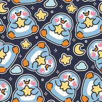 naadloos patroon van schattig pinguïn met ster en maan Aan nacht lucht achtergrond.vogel dier karakter tekenfilm ontwerp.afbeelding voor kaart, schat product, afdrukken scherm kleding.kawaii.illustratie vector