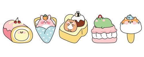 reeks van schattig dieren in toetje en zoet concept.cartoon.kip in rollen taart.konijn crêpe.beer honing toast.kikker macaron.cat gezicht ijs crème.kawaii.illustratie. vector